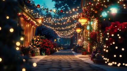 A charming outdoor scene filled with twinkling lights and colorful decorations, highlighting a joyful message