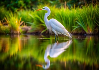 Fototapeta premium Elegant White Heron Reflecting on Water in Serene Nature Scene