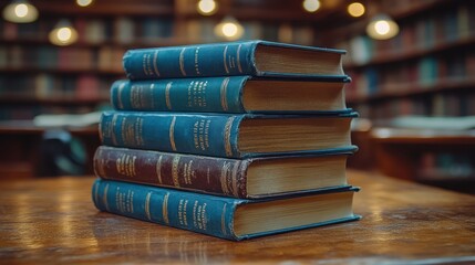 A stack of five antique books with blue and maroon covers sits on a wooden table in a library.