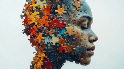 Puzzle Piece Human Head: Symbolic Mental Health Awareness Image