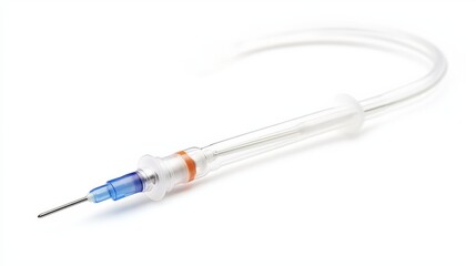 Intravenous Catheter: A close-up shot of a medical intravenous catheter, showcasing its clear tubing, needle, and connectors.  The image provides a detailed view of the device.