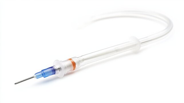 Intravenous Catheter: A close-up shot of a medical intravenous catheter, showcasing its clear tubing, needle, and connectors.  The image provides a detailed view of the device.