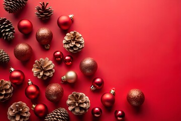  A collection of red and gold Christmas balls, pine cones, and festive ornaments scattered on a red background with copy space. Great for holiday cards and promotional materials.