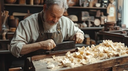 An elderly carpenter works diligently in his workshop, meticulously shaping a piece of wood with a hand plane, surrounded by tools and wood shavings.
