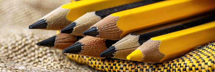 Simple Pencil Shapes: A pencil case filled with yellow and black pencils, resting on top of a textured fabric, showcasing their basic shapes