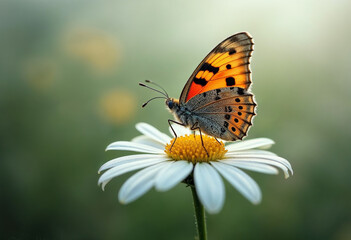 Obraz premium Vibrant Butterfly Resting on a Daisy Flower in Bloom
