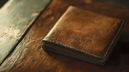 A close-up of a personalized leather wallet resting on a wooden table, exuding a sense of craftsmanship