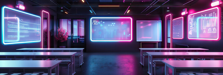 Neon Nocturne: A sleek, urban-inspired classroom with black walls, whiteboards, and neon accents, reminiscent of a nighttime cityscape.