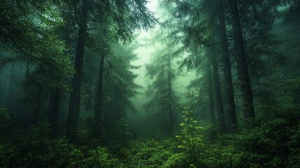 Fototapeta premium The scene showcases a dense forest of vibrant, lush green trees enveloped in a mystical layer of fog, creating a peaceful and calming ambiance. 