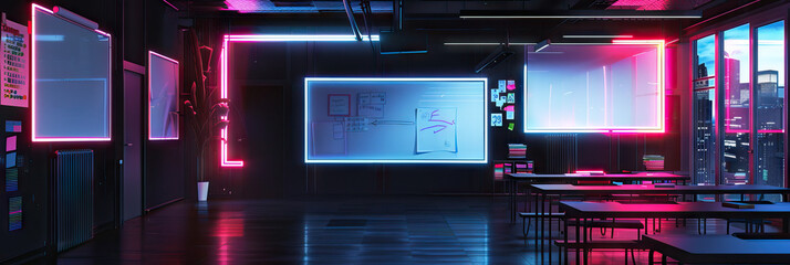Neon Nocturne: A sleek, urban-inspired classroom with black walls, whiteboards, and neon accents, reminiscent of a nighttime cityscape.
