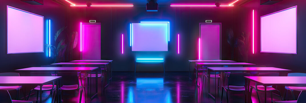 Neon Nocturne: A sleek, urban-inspired classroom with black walls, whiteboards, and neon accents, reminiscent of a nighttime cityscape.