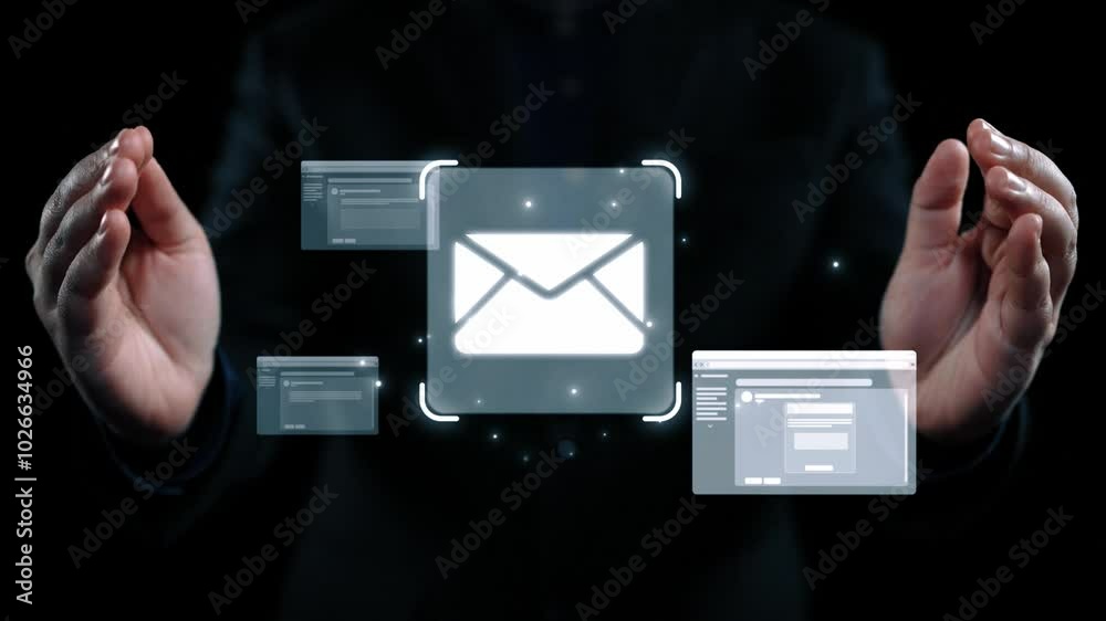 Poster business person checking email inbox, organizing and prioritizing messages for better productivity. 