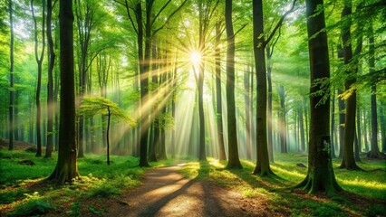 Obraz premium Enchanted Forest with Sunlight Streaming Through Green Foliage - Nature's Serenity