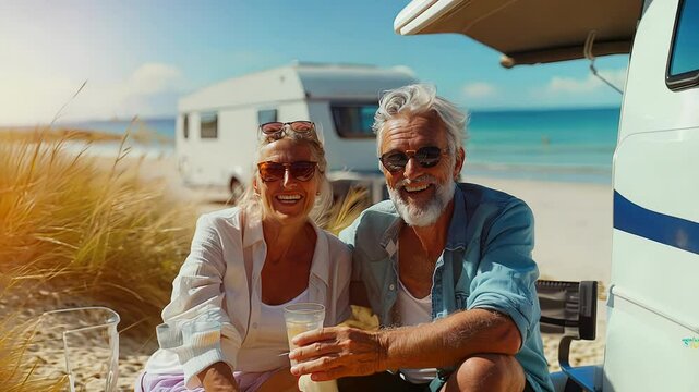 An elderly couple shares laughter and beverages beside their caravan on a stunning seashore. The vibrant beach scene adds joy to their peaceful getaway.