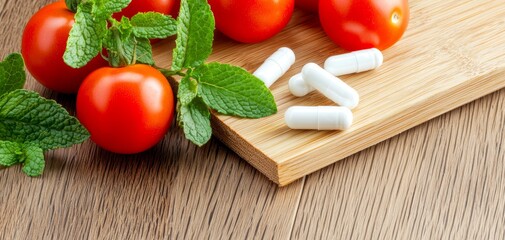 Dietary supplements and fresh ingredients like tomatoes and mint on a wooden board, symbolizing the combination of natural nutrition and supplements for health