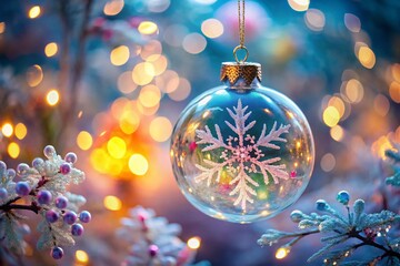 Fototapeta premium Enchanting Glass Christmas Ornament with Snowflakes and Twinkling Lights for Holiday Decor