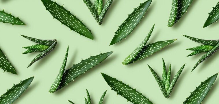 Repeating pattern of aloe plants with sharp, angular leaves on a soft green background, evoking a natural, healing vibe