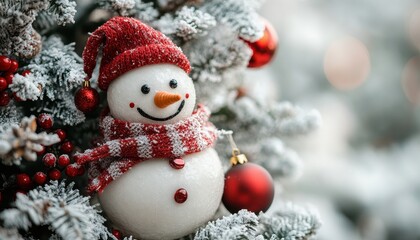 A cheerful snowman ornament on a festive Christmas tree decorated with snow