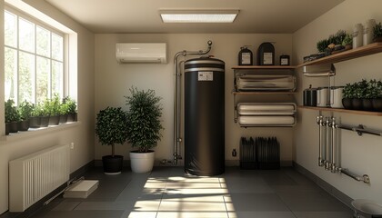 Modern water heater setup in a bright, organized utility room with plants