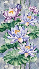 Obraz premium Blue and purple lotuses with leaves. Watercolor illustration set. Seamless background pattern. Fabric wallpaper print texture.