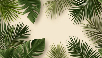 Seamless pattern of tropical palm leaves in green shades on a light beige background, creating a fresh, tropical vibe