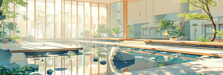 Zen High School: A tranquil, serene environment with natural elements and muted tones, emphasizing calm learning.