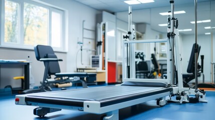 Fototapeta premium Modern Physiotherapy Clinic: A clean, bright, and modern physiotherapy clinic showcasing advanced rehabilitation equipment. The image conveys a sense of professionalism and care. 
