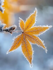 Frosted Yellow Leaf on a Winter Day. Generative AI.