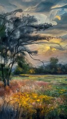 Fototapeta premium Abstract oil painting landscape. Oil painting outdoor on canvas. Semi abstract tree, field, meadow. Abstraction Landscape nature, contemporary art for background