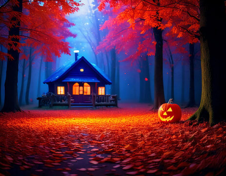 Cozy Cabin in a Mystical Autumn Forest with a Glowing Jack-o'-Lantern