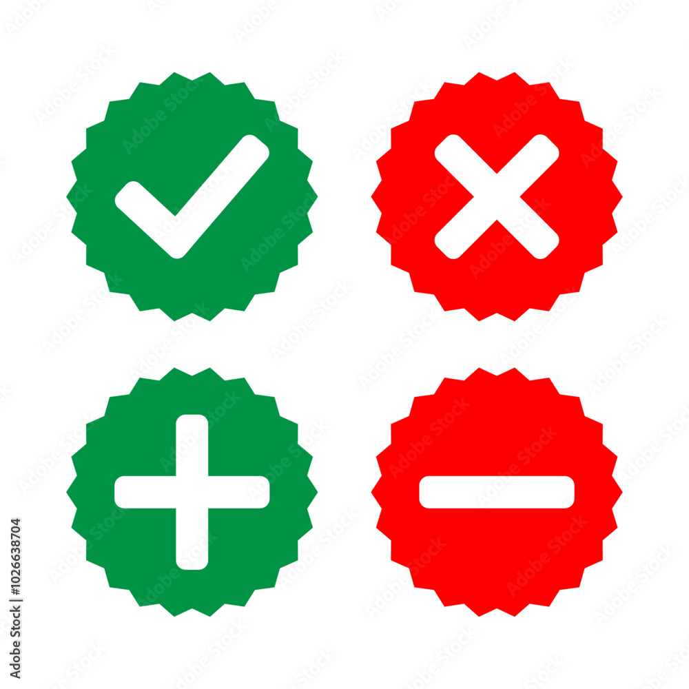 Fototapete Right, wrong and add, subtract icon set in zig-zag circle in green and red color vector illustration. Plus, minus, positive and negative symbol collection.