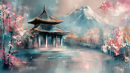 Fototapeta premium Oil painting of a landscape with a traditional Japanese pagoda and Mount Fuji in the background.