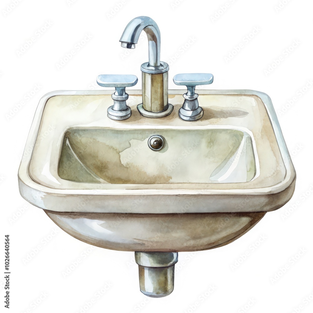 Wall mural watercolor clipart of a vintage sink against a white background. generative ai