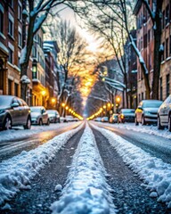 Snow-covered city street with sunset glow and parked cars in winter landscape. Generative AI