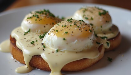 Eggs benedict with poached eggs and rich hollandaise for breakfast