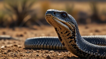 Fototapeta premium A black and yellow snake with a patterned skin, looking up with its head raised, sitting on a bed of dry dirt.