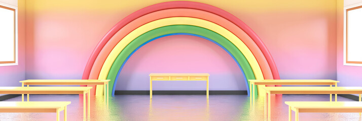 Rainbow-Infused Classroom: A school background with a colorful rainbow arching over a simple desk, symbolizing diversity and inclusion in the learning environment.