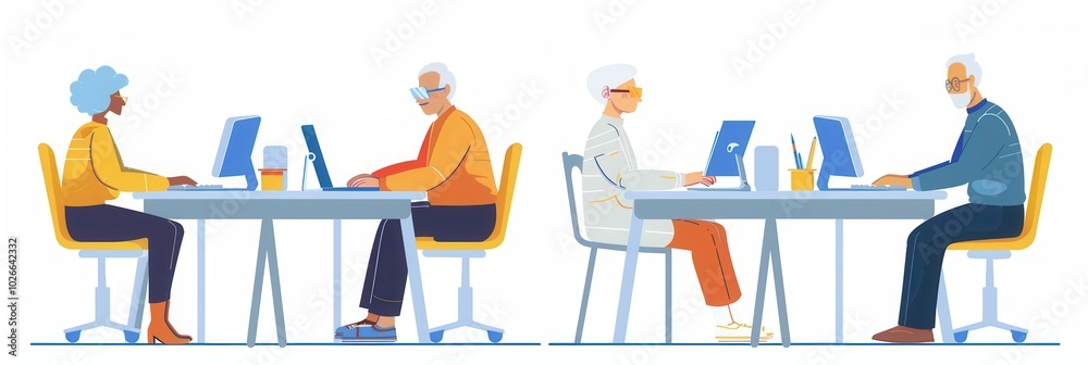 Fototapete A group of elderly participants focuses on learning digital skills during computer courses in a cozy classroom environment. Generative AI
