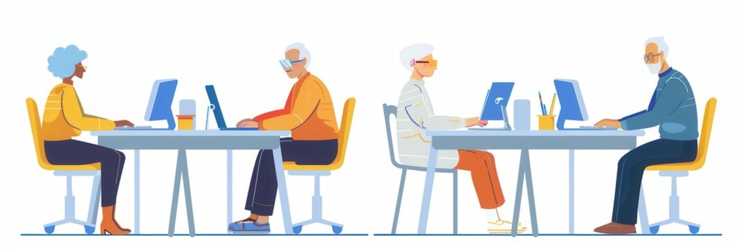 A group of elderly participants focuses on learning digital skills during computer courses in a cozy classroom environment. Generative AI