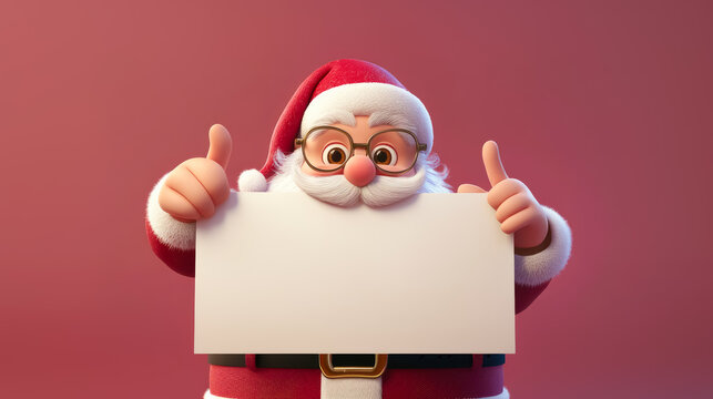 Santa Claus Christmas cartoon character holding a blank white sign on red background