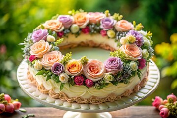 Exquisite Drone Photography of a Cake Wreath Adorned with Roses and Flowers for Celebratory Occasions