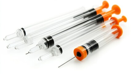 A close-up shot of five sterile syringes with orange plungers, ready for use in a medical setting, highlighting the precision and detail of medical equipment.  