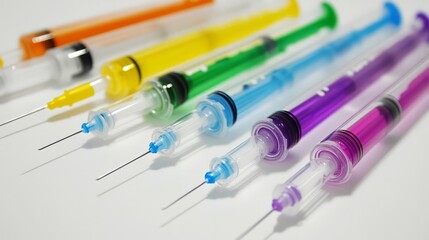 A vibrant collection of colorful syringes arranged in a captivating display.  Perfect for medical, healthcare, or artistic projects needing a splash of color. 