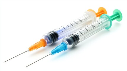 Close-up shot of two disposable syringes with different colored plungers, ready for use.  A sterile and precise medical image.