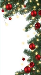 Christmas border with conifer branches and garlands of Christmas lights isolated on white background