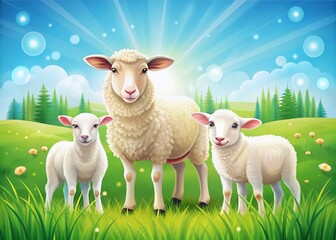 Obraz premium Family of Sheep and Baby Lambs in a Farm Setting - Vector Illustration for Wool and Meat Production
