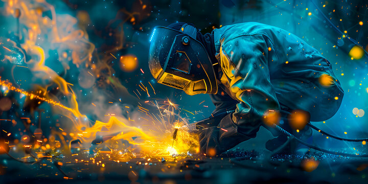 Imagen horizontal de un soldador trabajando en una industria con casco y overol 