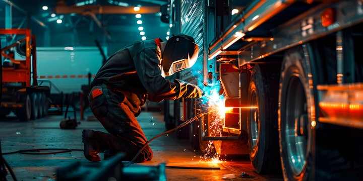 Imagen horizontal de un soldador trabajando en componer un cami&oacute;n 