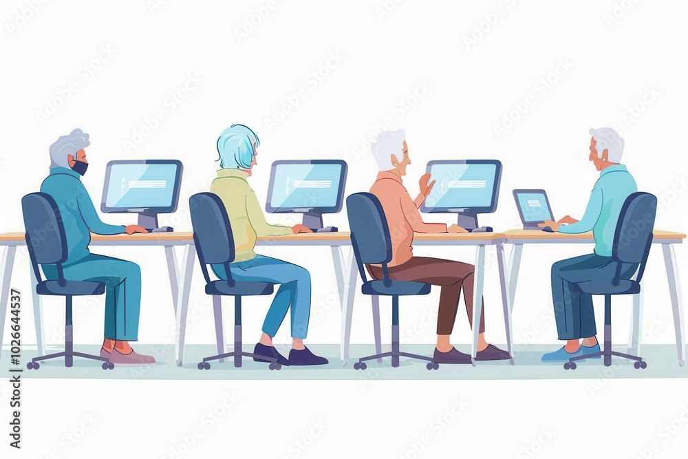 Fototapete A group of seniors is learning to use computers, focused on their screens while building valuable tech skills together. Generative AI