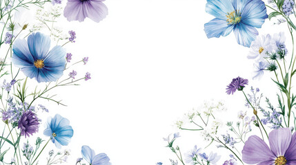 Obraz premium Floral border with blue and purple flowers on a white background, with space for text in the center. Perfect for spring-themed designs